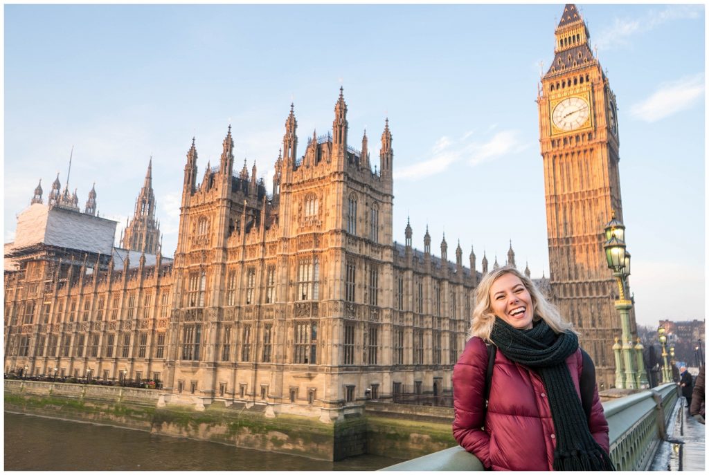 48 Hours in London; street lamp and Big Ben blonde girl laughing