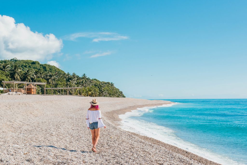 southwest Dominican Republic; girl walking white beach Los Patos