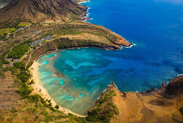 best things to do in Oahu; aerial view of Hanauma Bay State Park