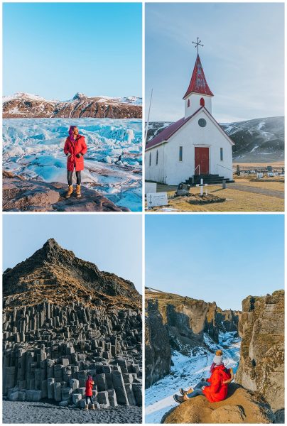 travel the ring road in Iceland; Reynisfjara Black Sand Beach, Vík, Fjaðrárgljúfur Canyon, Svinafellsjokulsvegur Glacier, Jökulsárlón Glacier Lagoon, Diamond Beach