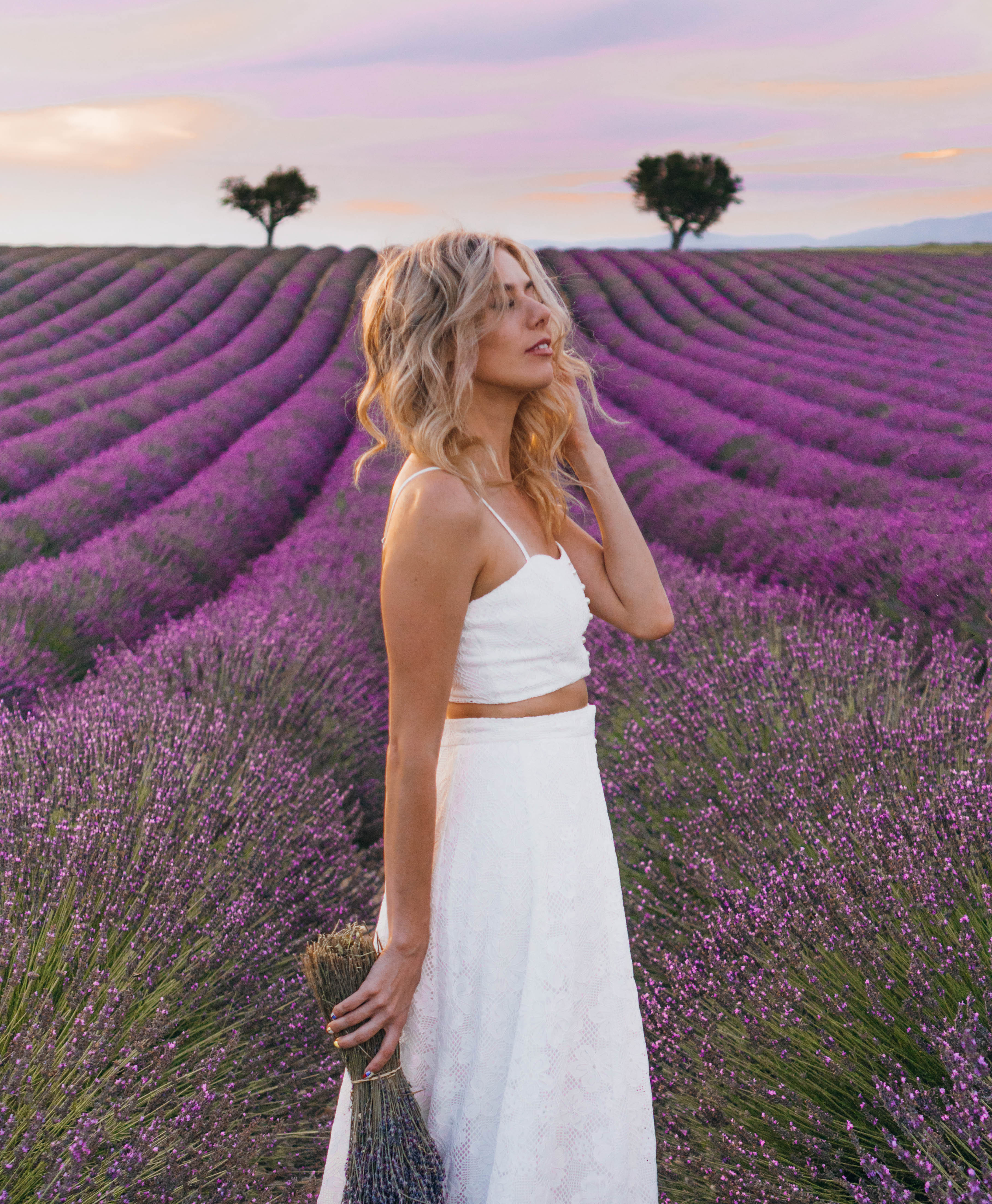 The Perfect 7-14 Day Provence and Côte d'Azur Itinerary; girl in white dress in lavender fields of Valensole